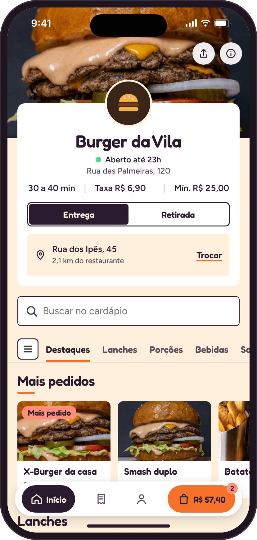 Cardápio digital de um restaurante aberto num celular